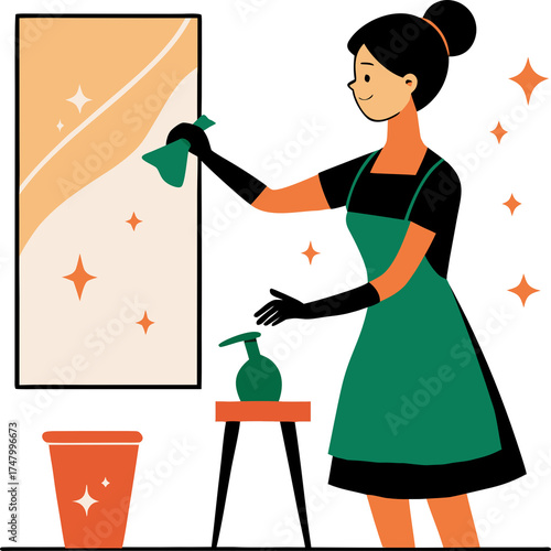 A cartoon woman cleaning window, isolated on white background.