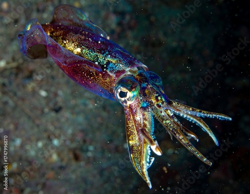 Close-up of a vibrant, iridescent squid