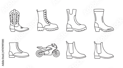 Collection of eight diverse footwear styles and a motorcycle depicted as line art drawings vector