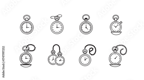 Collection of vintage pocket watch designs with chains and intricate details hand drawn style vector
