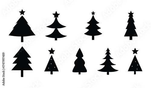 nine stylized black christmas trees with stars holiday 