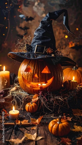 Halloween, festividad internacional del Día de los Muertos. Calabazas y castillos terroríficos.

