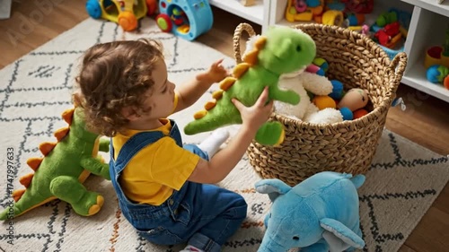 Child playing with stuffed animals in a toy room filled with colorful toys and a basket