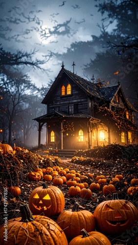 Halloween, festividad internacional del Día de los Muertos. Calabazas y castillos terroríficos.

