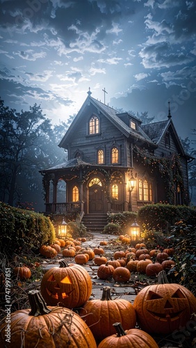 Halloween, festividad internacional del Día de los Muertos. Calabazas y castillos terroríficos.

