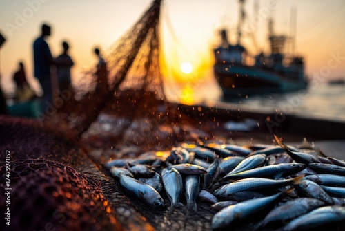Close-up shot of freshly caught fish lying on a net at sunset, silhouetted figures and boat in the background. Concept for seafood industry, sustainable fishing and coastal community livelihood