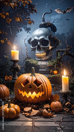 Halloween, festividad internacional del Día de los Muertos. Calabazas y castillos terroríficos.

