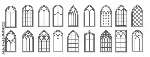 church medieval windows set old gothic style architecture