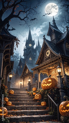 Halloween, festividad internacional del Día de los Muertos. Calabazas y castillos terroríficos.

