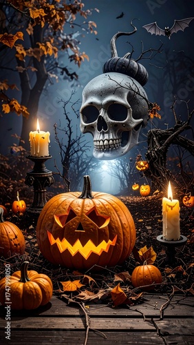 Halloween, festividad internacional del Día de los Muertos. Calabazas y castillos terroríficos.

