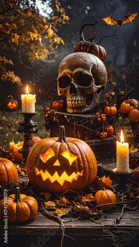 Halloween, festividad internacional del Día de los Muertos. Calabazas y castillos terroríficos.

