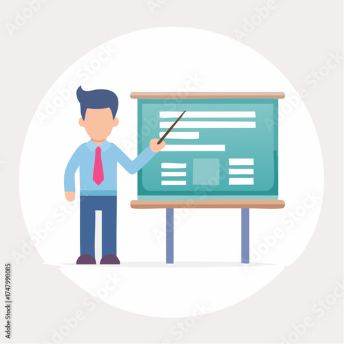 A businessman in a blue shirt and red tie gives a presentation, pointing to a board with charts and text.