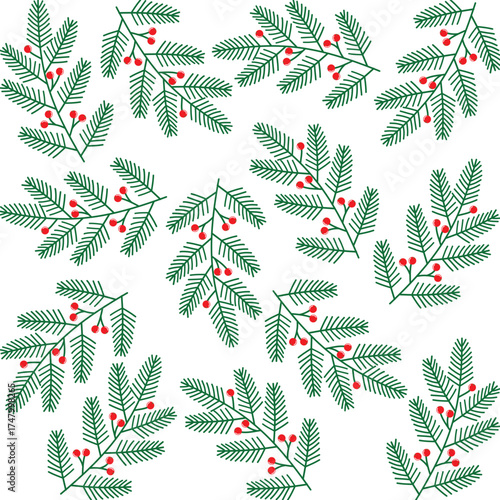 Green leaves with bright red berries on white background bring a fresh and cozy winter vibe.