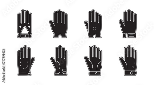 Collection of eight black leather gloves various styles isolated on white seamless background vector