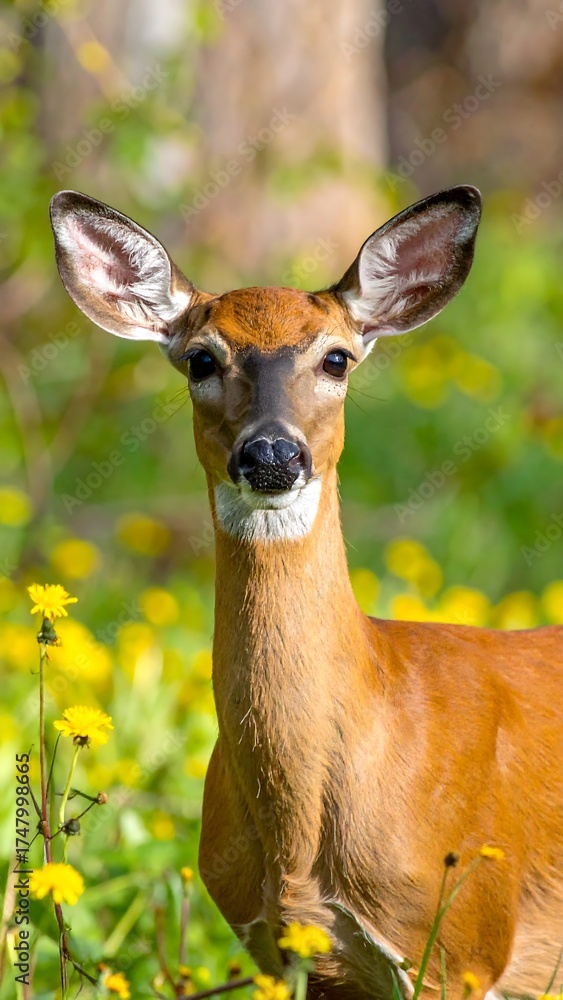 Fototapeta premium Alert White-Tailed Deer in a Meadow of Yellow Flowers.