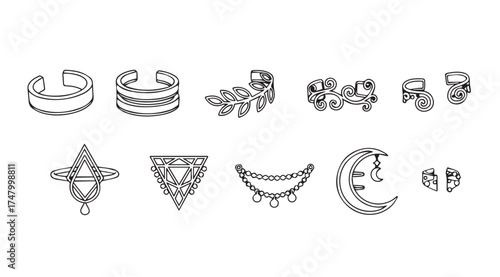 Collection of elegant hand drawn jewelry designs for body piercing and adornment vector