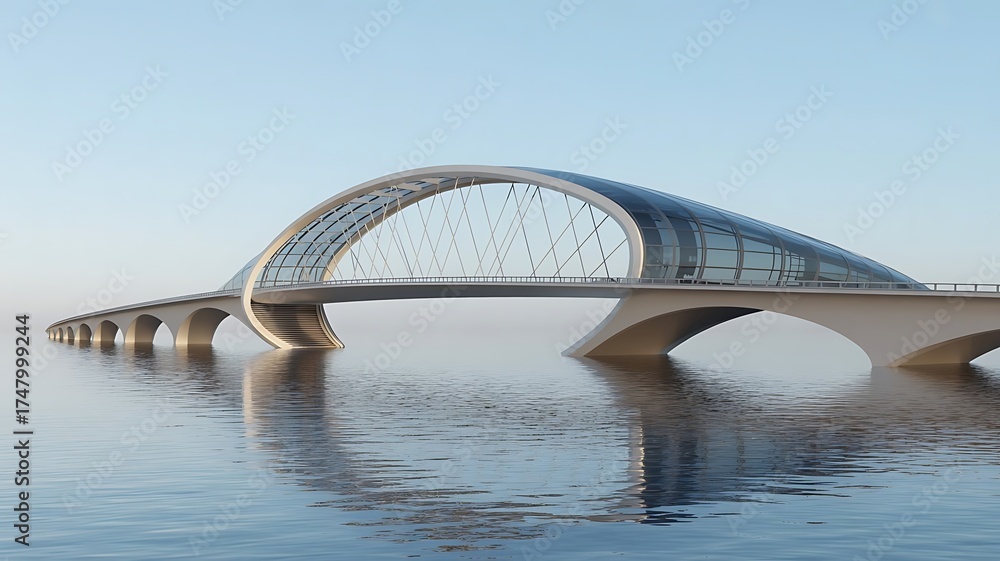 Obraz premium Futuristic Arch Bridge Water Reflection Elegant Engineering Infrastructure Design
