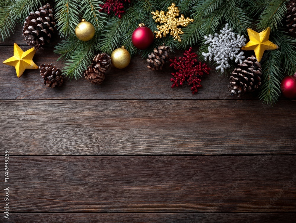 Fototapeta premium Festive Christmas Decorations with Pinecones and Ornaments