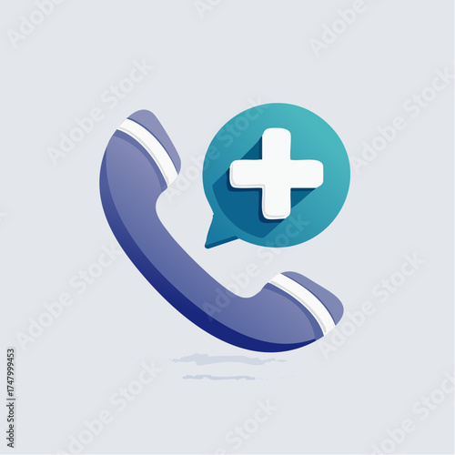 A stylized illustration of a purple telephone handset with a speech bubble containing a white plus sign, symbolizing a call for help or adding a contact.
