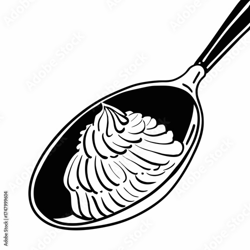 Vector drawing of a spoon with a neat portion of whipped cream or ice cream is a cloud in your mouth.