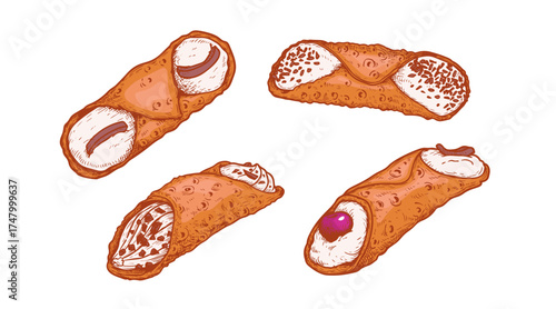 Hand drawn colored Italian sweets Cannoli. Sketch style sweets in retro design. Vector illustrations isolated on white background.