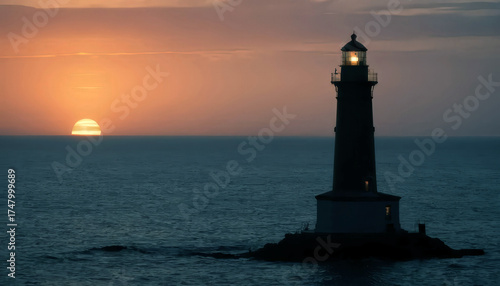 Wallpaper Mural Silhouetted Lighthouse at Sunrise with Calm Ocean Water and Illuminated Sky. Torontodigital.ca