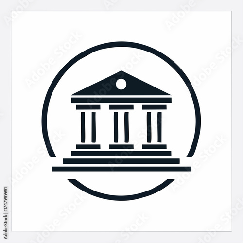 Black and white icon of a classical building with columns inside a circle.