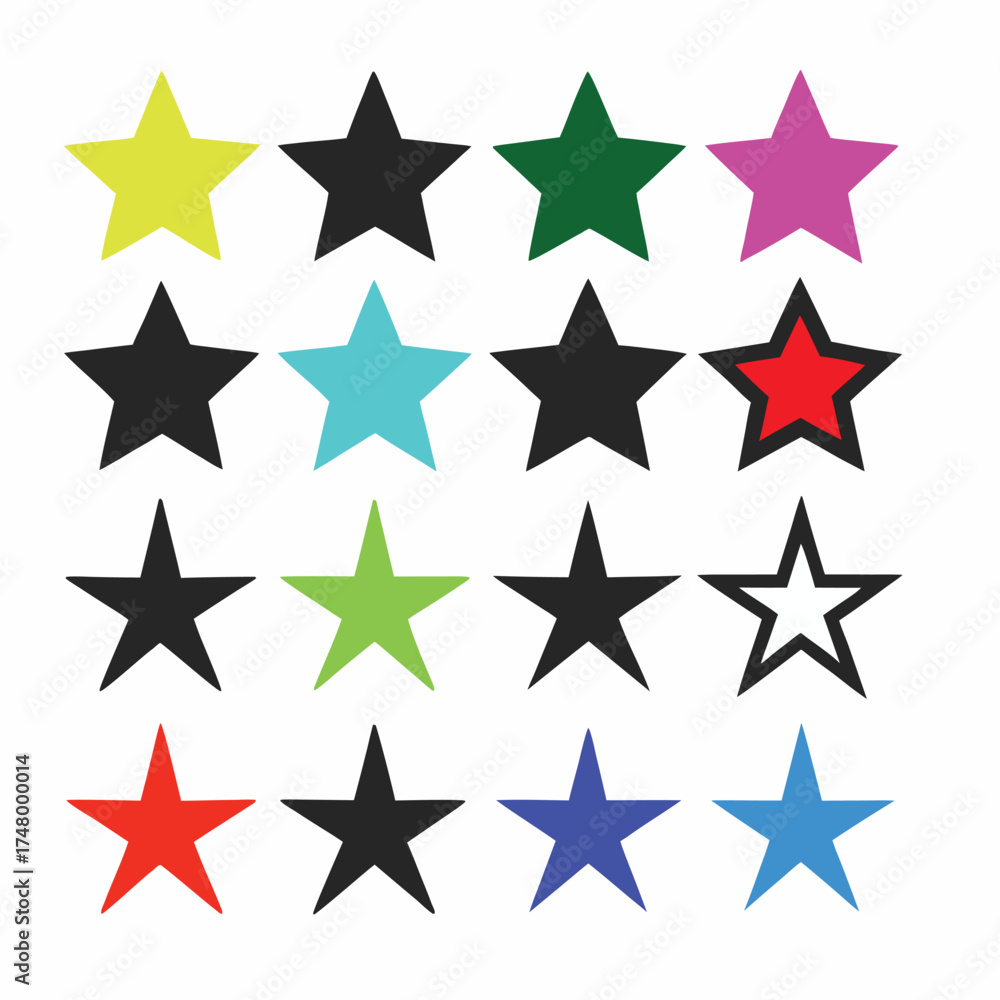 Fototapeta premium Colorful Star Icon Set — Multicolor Filled and Outline Stars on White Background