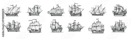 sail ship sailboat brigantine sketch or frigates