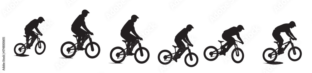 Fototapeta premium jumping bicyclist silhouettes in black on white background