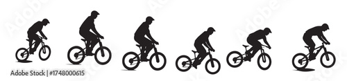  jumping bicyclist silhouettes in black on white background