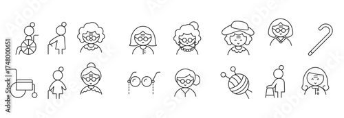 Elder woman, Grandmother icon set in thin line style