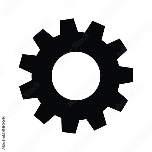 Black gear icon on a white background symbolizing settings, machinery, engineering, or technology. Simple vector illustration perfect for digital interfaces, web design, and automation concepts.