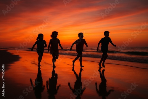 Wallpaper Mural Silhouette of children running along a beach at sunset. The sky is filled with vibrant hues of orange and red, casting reflections on the wet sand. Torontodigital.ca