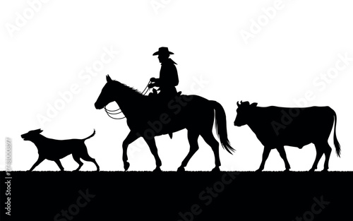 Silhouette of a cowboy on horseback with a dog and cow, representing ranching and livestock farming