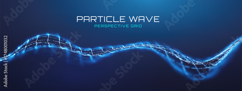 Tech and sound data with blue 3D light particles and a neural AI network wave. Abstract cyber background with a mesh grid for futuristic visualization and science concepts.