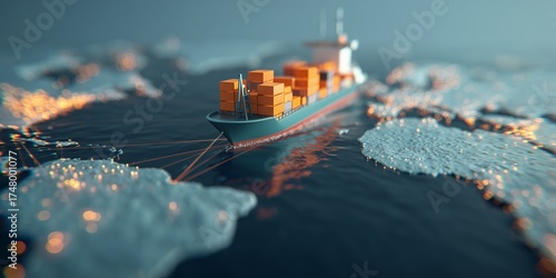 Cargo ship carrying containers sailing on a stylized world map with illuminated coastlines, concept for global logistics solutions, international import export and worldwide distribution network © Rifqi