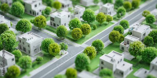 Fototapeta Naklejka Na Ścianę i Meble -  Miniature model of a suburban neighborhood with modern houses and green trees. Concept for urban planning, real estate development and sustainable living