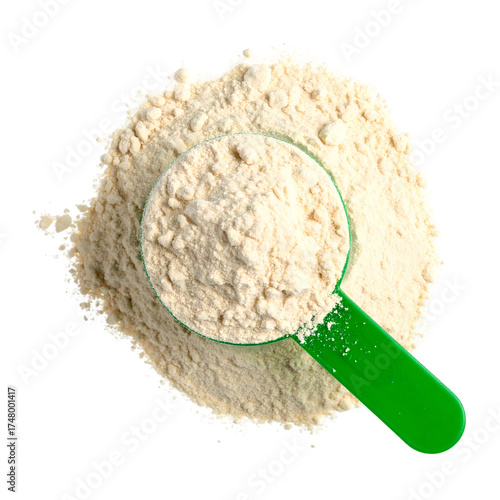 Top-down shot of protein powder pile with a green scoop partially buried in the powder