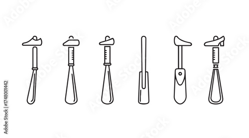 Collection of hand drawn shoe horns and tools for footwear care and dressing aids vector