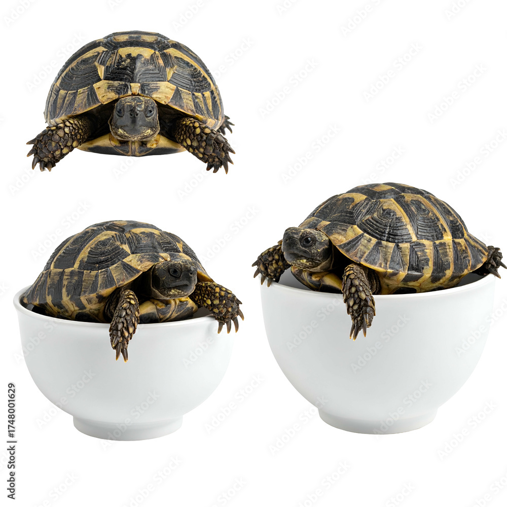 Fototapeta premium Three tortoises, one atop, two in white bowls, isolated against a transparent background