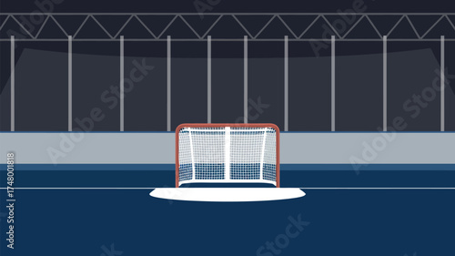 A cartoon hockey rink with a red goal and a dark background with support beams and a blue ice surface