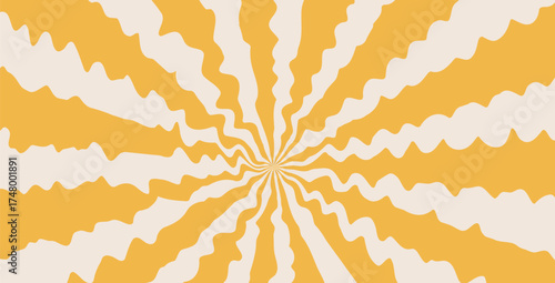 Groovy rough starburst background. Retro spiral yellow sun rays abstract distressed illustration. Vector wavy retro decoration. Radial carnival stripes vintage backdrop.