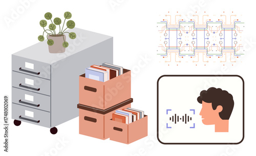 Filing cabinet with stacked boxes of books, neural network diagram, and voice recognition. Ideal for AI, technology, organization, speech analysis, data storage, innovation simple flat metaphor