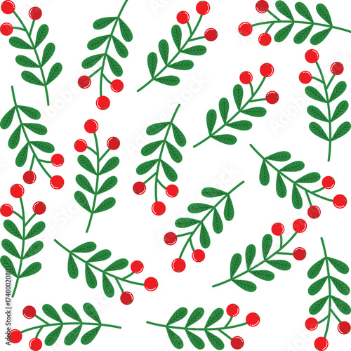 Green leaves with bright red berries on white background bring a fresh and cozy winter vibe.