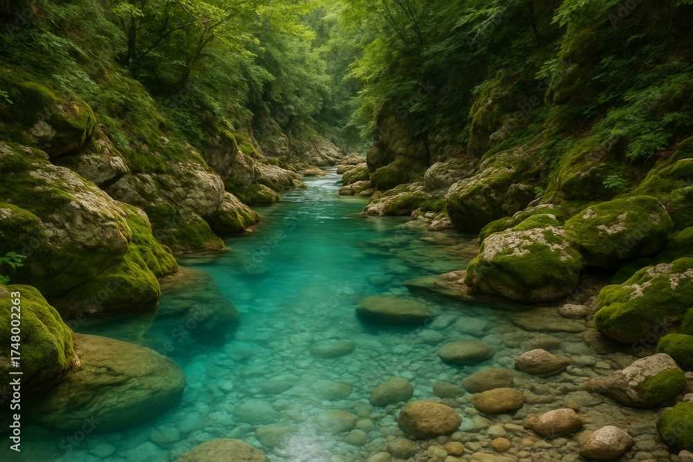 Fototapeta premium A clear river flows through a lush, green gorge, offering a serene view
