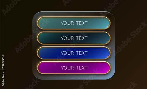 Modern UI buttons with gold frames. A set of elegant colorful banners for web design.