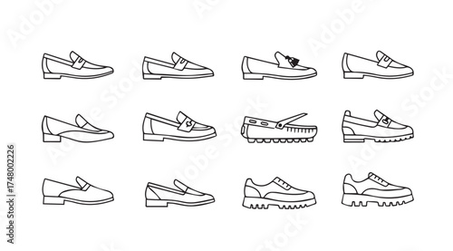 Collection of classic men's loafer shoe styles hand-drawn sketches isolated on vector