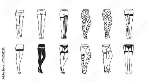 Collection of diverse fashionable leggings and hosiery designs for women's apparel vector