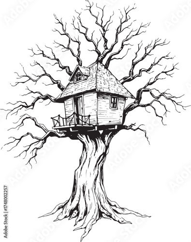 A treehouse. Hand drawn vector illustration